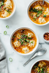 Serving bowls of Dumpling Soup garnished with scallions and sesame seeds