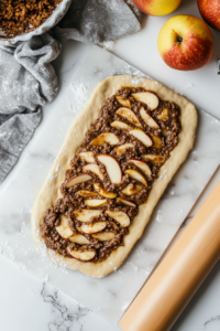 Shaping cinnamon-apple babka dough into twisted figure-eight loaf