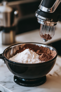 Sifting and Mixing Dry Ingredients for Chocolate Spider Web Cake