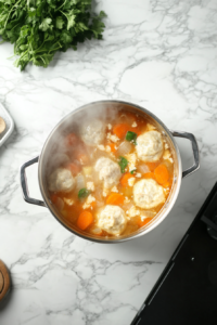 Simmering Dumpling Soup with vegetables and dumplings in the broth