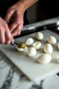 Slicing Boiled Eggs in Half and Removing Yolks for Halloween Deviled Egg Eyeballs Recipe