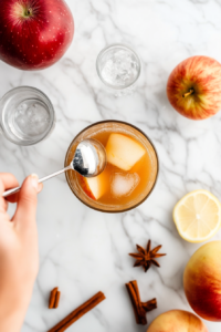 Spiced apple juice, sparkling water, and a splash of lemon juice combined in a glass filled with ice, ready to serve