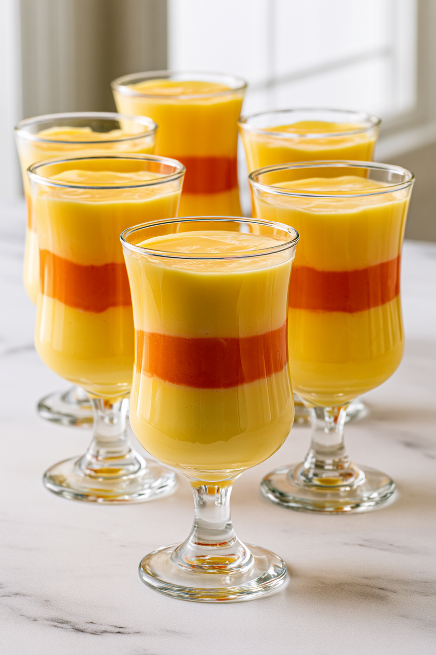 Spoon or pipe a layer of yellow pudding into the bottom third of each clear glass. Add a layer of orange pudding over the yellow layer, filling the middle third
