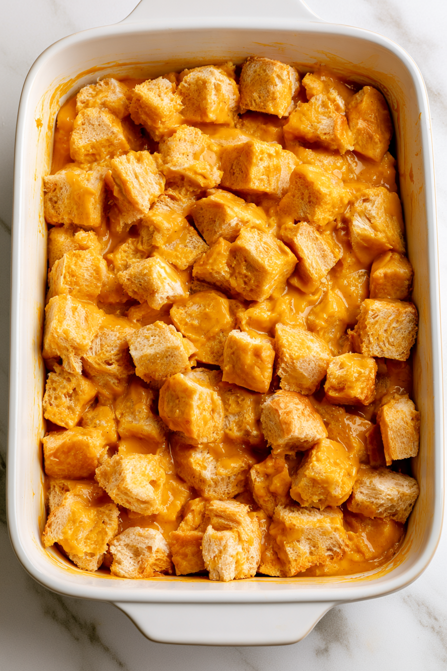 Spoon the mixture into the prepared baking dish, pressing the bread cubes down lightly to even them out