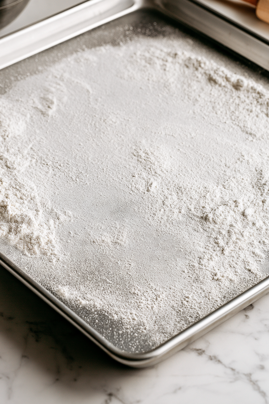 Spray and flour a half sheet pan to prepare it