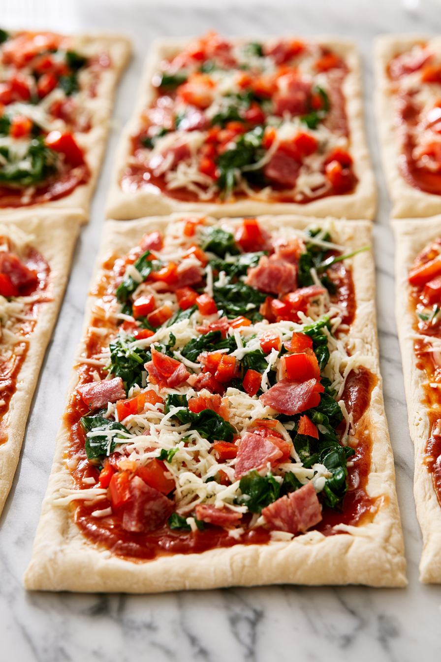 Spread pizza sauce in the center of each rectangle, then top with mozzarella, salami, baby spinach, and capsicum