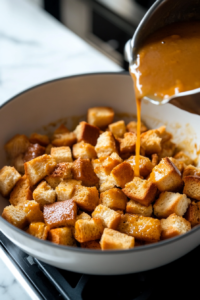 Spreading bread pudding mixture into buttered dish