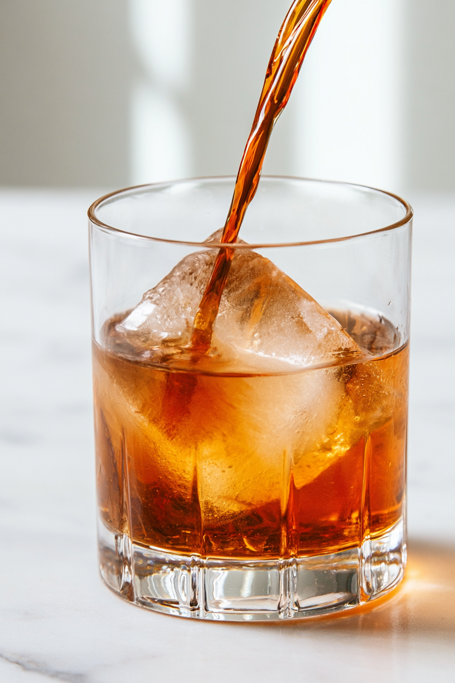 Strain the mixture into a rocks glass filled with ice or a large ice cube.