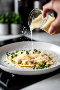 Straining and plating pumpkin ravioli with brown butter sauce