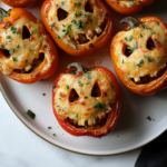 Stuffed peppers garnished with cheese for spooky stuffed peppers recipe