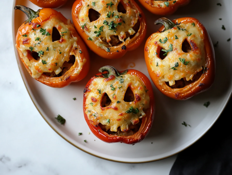 Stuffed peppers garnished with cheese for spooky stuffed peppers recipe
