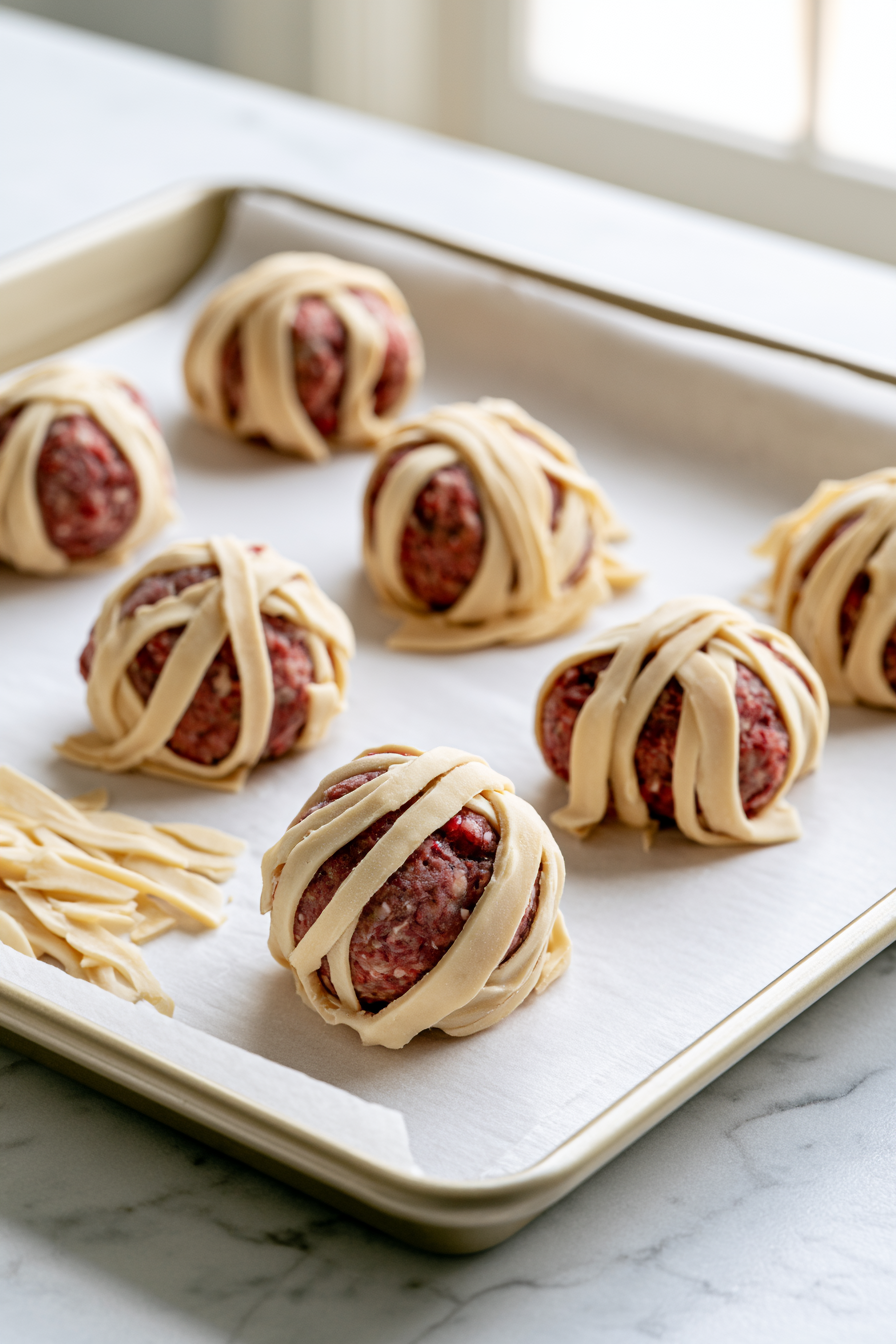 Take one or two strips of dough and wrap them around each meatball
