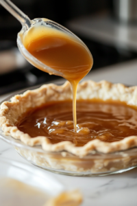 Topping Apple Cider Cream Pie with whipped cream and caramel