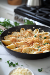 Topping stuffed shells with cheese and breadcrumbs