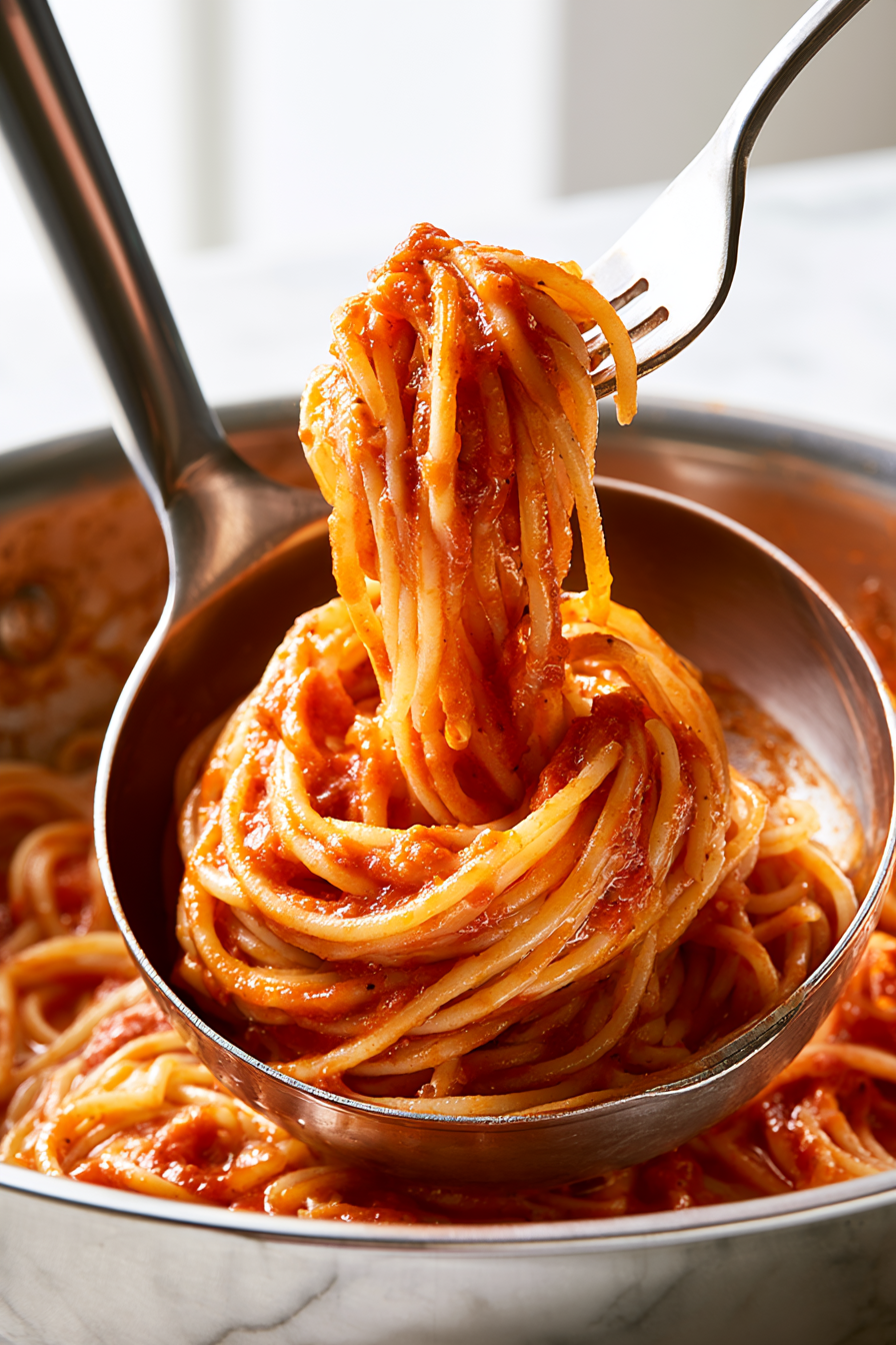 Toss the noodles with the sauce and form “nests” by twirling them in a serving ladle