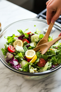 Tossing apple salad ingredients with dressing for even coating