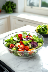 Tossing salad with maple tahini dressing until well coated