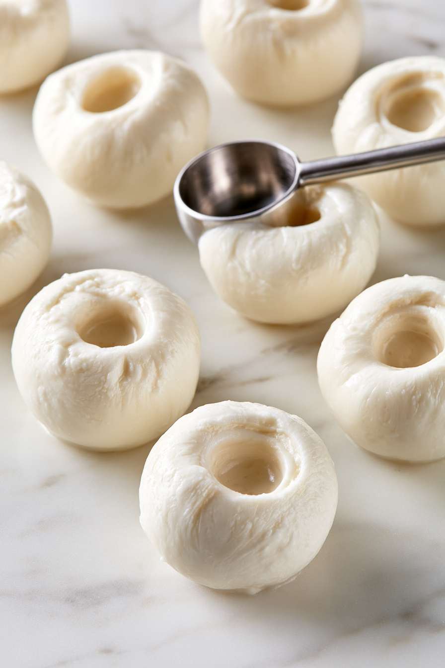 Use a melon baller or small spoon to carve a small hole in each mozzarella pearl