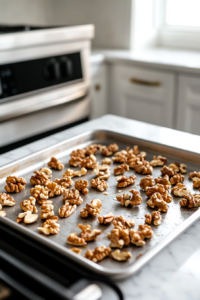 Walnuts spread on a baking sheet, lightly toasted to bring out their aroma for the fennel walnut salad