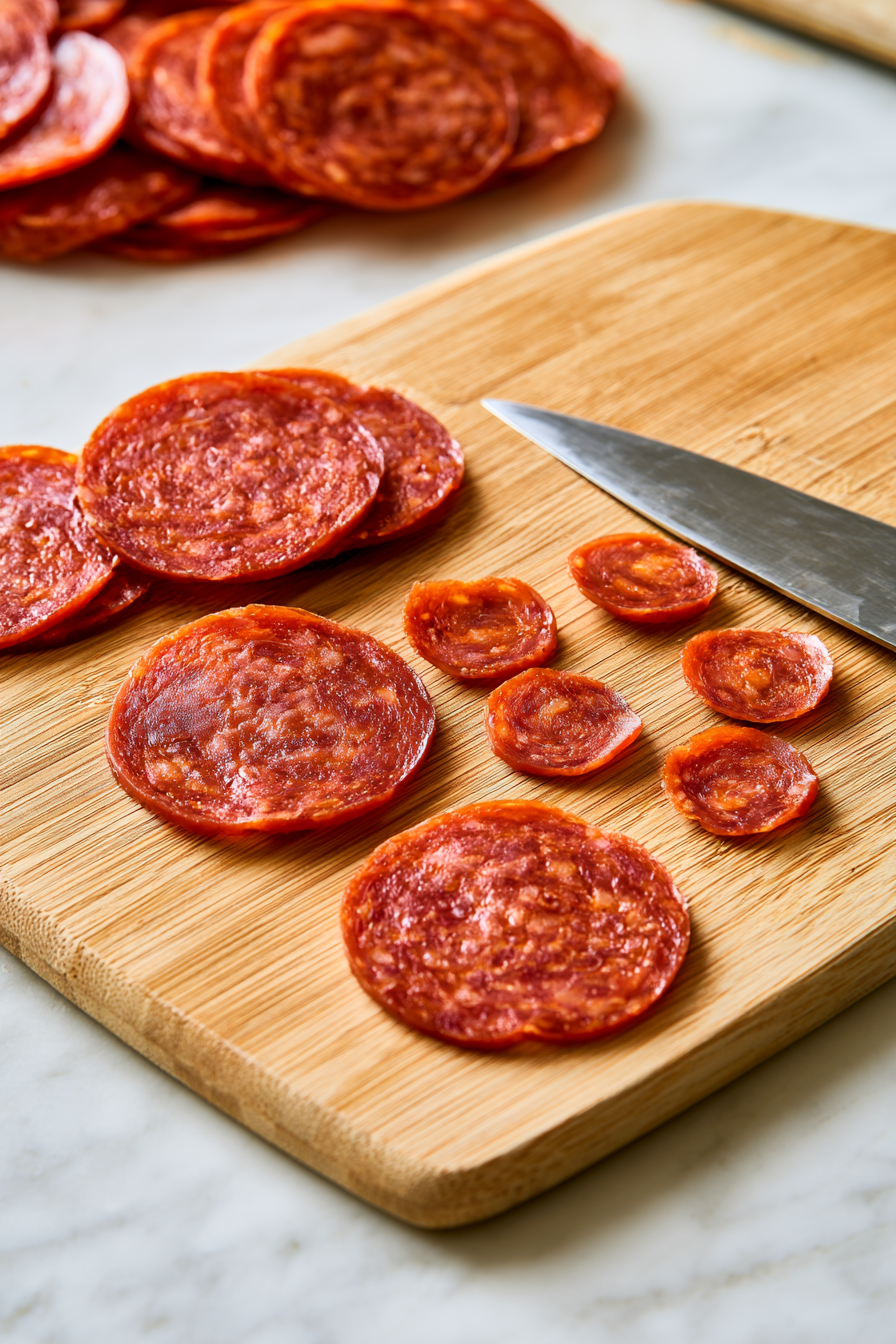 While baking, cut small circles out of the pepperoni for the eyes