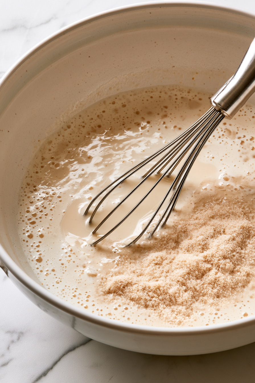 Whisk warm milk, yeast, and sugar. Let sit for 5 minutes