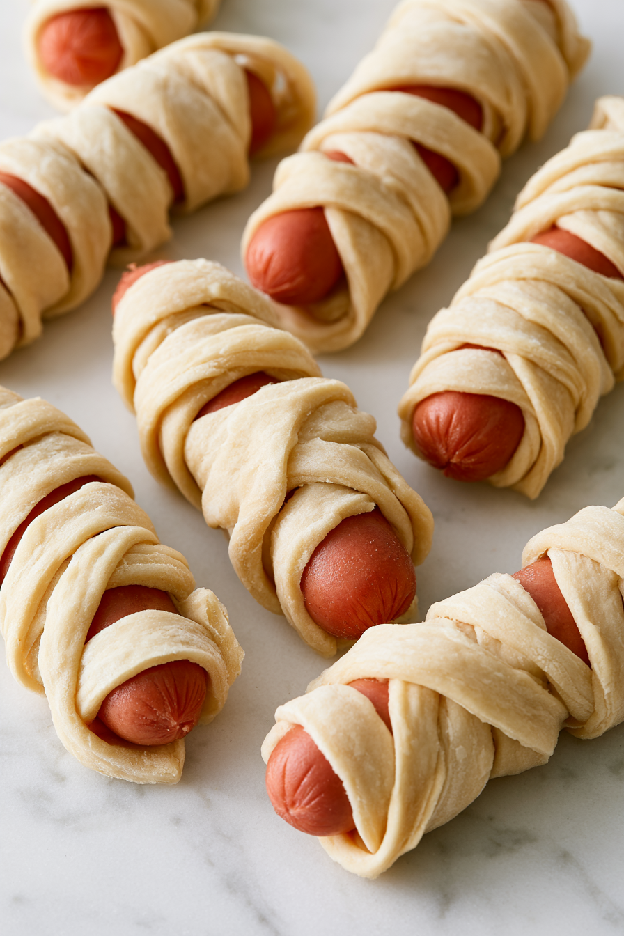 Wrap the dough strips around each hot dog, leaving a gap near the top for a face