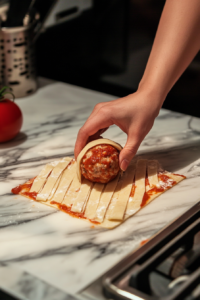 Wrapping Crescent Dough Strips Around Meatballs to Create Mummy Meatballs