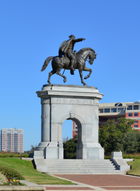  "Sam Houston Monument in Hermann Park, Houston, featuring a bronze equestrian statue of the historic Texas leader."