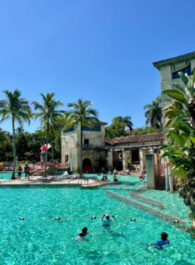 Beautiful view of the historic Venetian Pool in Coral Gables, showcasing its stunning architecture, crystal-clear waters, and tropical landscaping, offering a unique swimming experience.