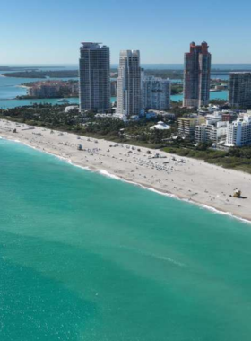 Inviting image of Lummus Park in Miami Beach, showcasing its sandy beach, palm trees, and vibrant atmosphere, perfect for sunbathing, picnicking, and enjoying outdoor activities.

