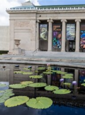 Exterior view of the New Orleans Museum of Art, showcasing its elegant, classical architecture set against lush greenery, reflecting its status as a cultural landmark in the city.