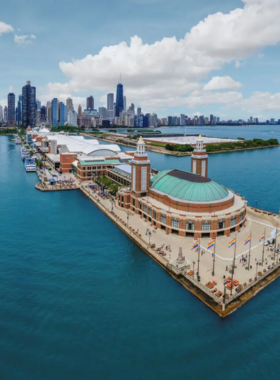 Aerial photograph of Navy Pier in Chicago, featuring the iconic Ferris wheel, bustling boardwalk, and scenic waterfront. The image captures the vibrant atmosphere of this popular tourist destination, showcasing its attractions and beautiful surroundings along Lake Michigan. Navy Pier is a key highlight of Chicago’s recreational and cultural offerings.