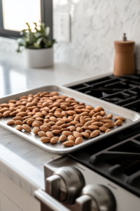 This image shows almonds toasting in the oven at 350°F. They are placed on a baking sheet for 8–10 minutes until golden. The almonds will be chopped for the salad.