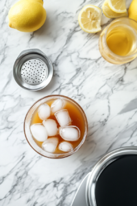 A glass filled with ice, ready to be topped with the spiced apple juice mixture for a refreshing Non-Alcoholic Spiced Apple Fizz