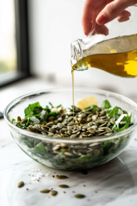 Final touch of pumpkin seeds being sprinkled on the roasted vegetable salad, drizzled with olive oil and lemon juice, seasoned with salt and pepper for serving