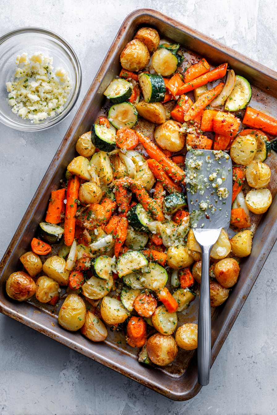 Add the zucchini to the baking sheet with the potatoes and carrots.