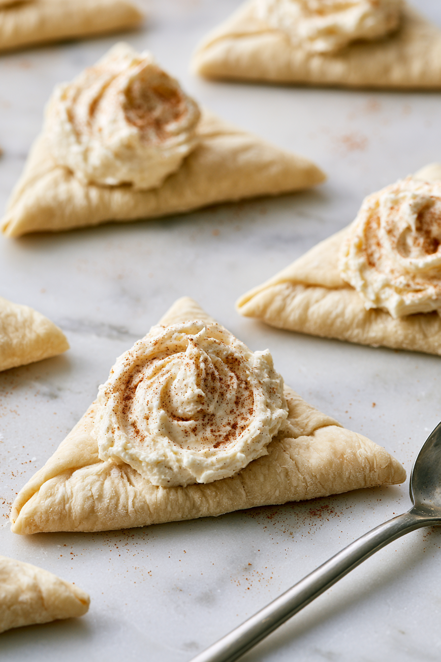 Add a heaping tablespoon of filling to the wide end of each triangle