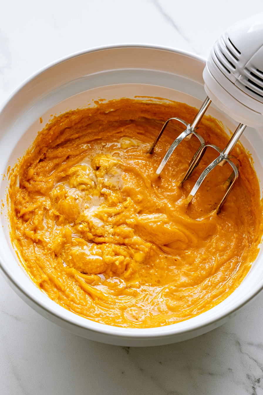 Add eggs one at a time, mixing well, then stir in the vanilla and pumpkin puree
