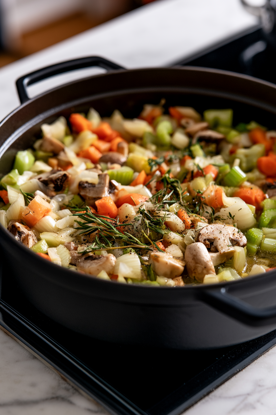 Add onions, carrots, celery, and mushrooms. Season with onion powder, rosemary, thyme, salt, and pepper
