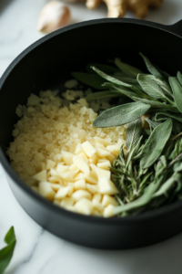 Fresh garlic, sage, rosemary, and ginger being added to the pot with cooked squash, releasing fragrant aromas for the butternut squash soup recipe.