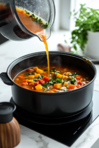 Additional vegetable broth being added to adjust the consistency of the butternut squash soup, creating a balanced, smooth texture.