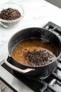 A black pot of chicken broth reaches a gentle boil on a white marble cooktop, prepared for wild rice addition with a glass bowl of rice nearby