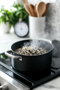 simmering with wild rice under the lid, reaching al dente with a nearby timer set for 45-50 minutes