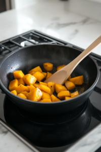 Chopped butternut squash cooking in the pot with softened onions, beginning to soften as part of the butternut squash soup preparation.