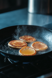 Skillet lightly coated with oil to ensure even cooking and prevent sticking before adding pumpkin spice pancake batter.