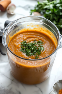 Butternut squash soup being blended into a smooth and creamy consistency, creating the base for the butternut squash soup recipe.