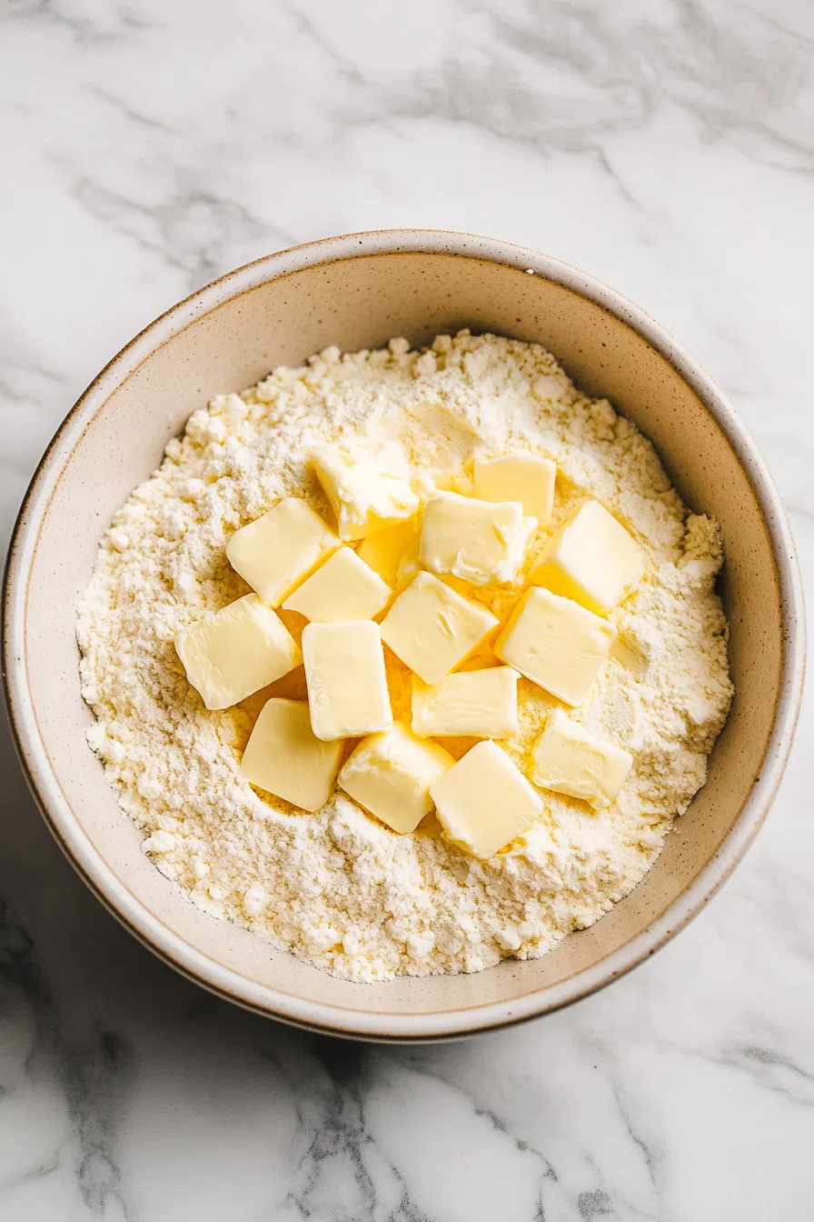 Cut in the cold butter until mixture is crumbly.