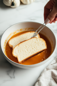 Dipping thick slices of white bread into the pumpkin coating mixture to prepare for Pumpkin French Toast.