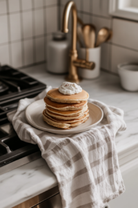 Stack of pumpkin spice pancakes served immediately or kept warm under a tea towel, ready to enjoy.