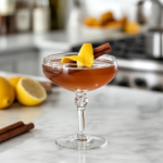 Garnishing the Spiced Cognac Cocktail with Lemon Twist and Cinnamon Stick Before Serving